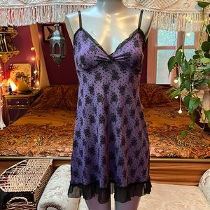 Y2K Vintage Goth Purple & Black Floral Mesh Ruffle Babydoll Slip Dress